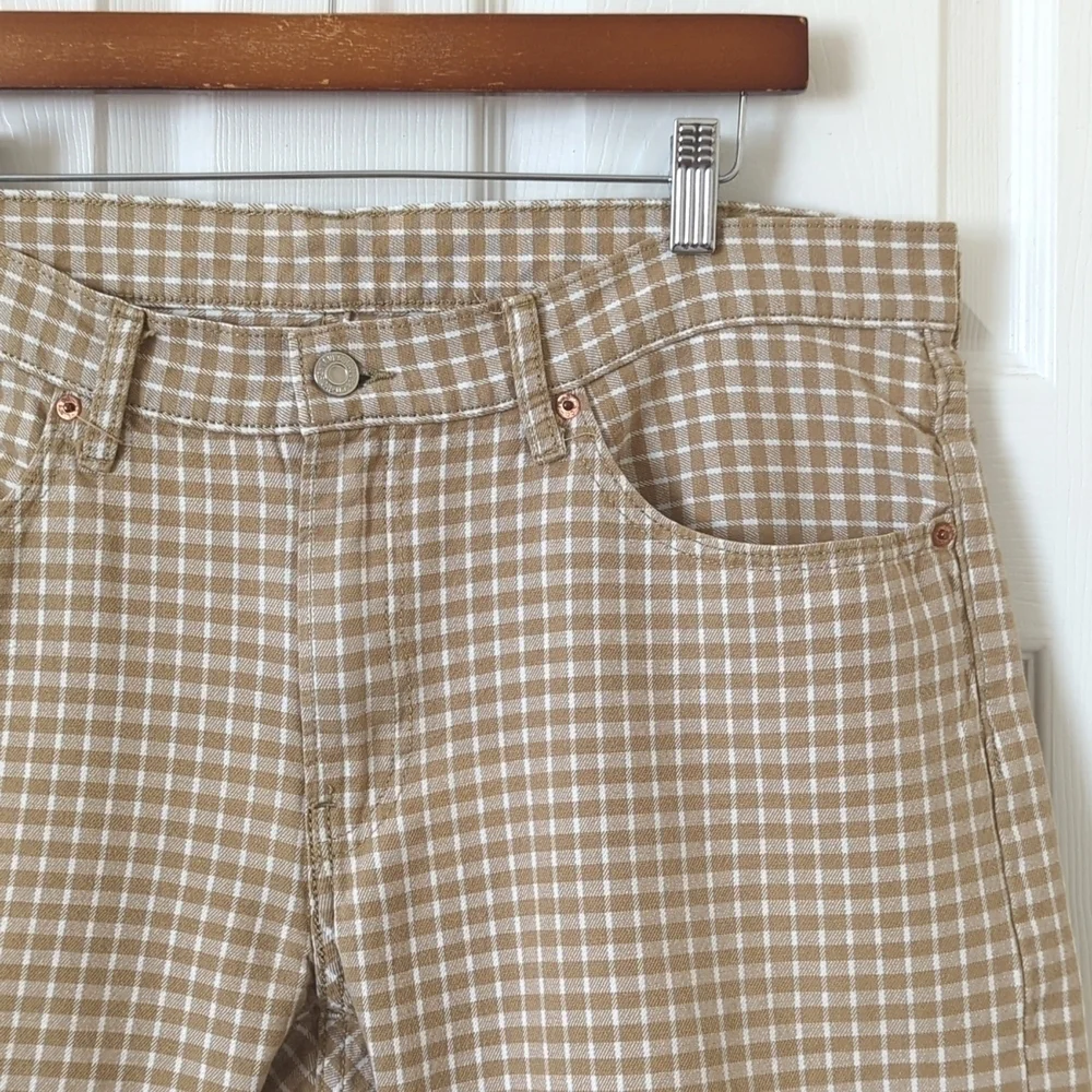 Levi's 504 Classic Checkered Plaid Regular Fit Jean Shorts Tan Brown White 38